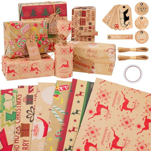 Niviy Geschenkpapier Weihnachten,Öko Kraft Geschenk Papier zum Mädchen Junge,Natur Geburtstagspapier Elch Süßigkeits Weihnachtsmann Weihnachtsbaum Muster mit Klebeband Tags Seil 6 Blatt 70X50 CM
