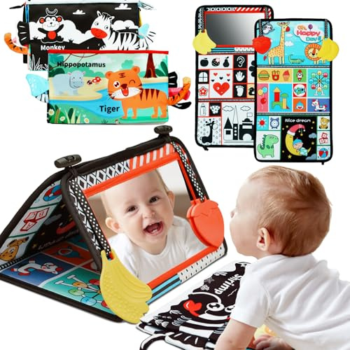LULUETPUE Spielzeug 0-9 Monate, Faltbarer Spiegel mit Knisterbuch Entwickelt, Kleinkinderziehung und Kognitives Lernspielzeug Babyspielzeug für Neugeborenes