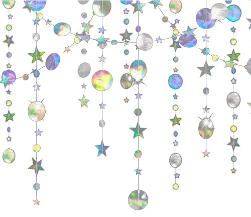 4 Stück 4m Hängenden Papier Girlande Regenbogen Deko Glitzer Girlande Runde und Stern Papier Deko für Karneval Deko Geburtstagsdeko Hochzeit Party
