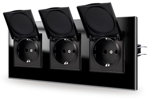 JIMEIDA 3-Steckdose Unterputz Schwarz 16Amp Glas Steckdosen mit Wasserdichtem Deckel 228 * 86mm,250V