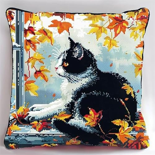 WallustrioaW Latch Hook Pillowcase Embroidery Kit, Maple Leaves and Animal Cat, Latch Hook Cushion Cover for Adults and Beginners, 17x17 inch