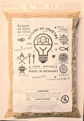 SHADI - Segatura di legno di faggio, 1,5 l, per affumicatore di carne e pesce, trucioli di legno compatibile con affumicatori a freddo, miscela professionale, made in France