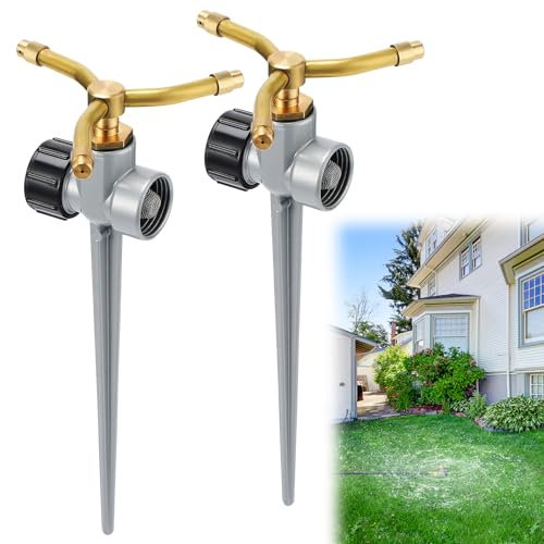 Aspersor de agua de metal giratorio de 360°, máximo total, cubre hasta 2000 pies cuadrados, boquilla de latón de 3 brazos con base de punta de aleación de aluminio para riego de jardín pequeño y