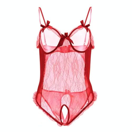 HRUIKI Babydoll Femme Lingerie Sexy Chemise de Nuit Pyjama Body Érotique en Dentelle Sous-vêtements Exotiques Ensemble Babydoll Ouvert Ensembles Intimes Perspective Pyjama Sleepwear, rouge, XL