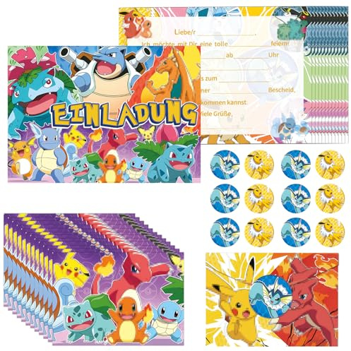 GOACRS Einladungskarten Kindergeburtstag Jungen Mädchen, 12pcs Geburtstag Einladungen auf Deutsch, Partyeinladungen mit Bunten Umschlägen und Runden Aufklebern, Cartoon Anime Party Einladung Set