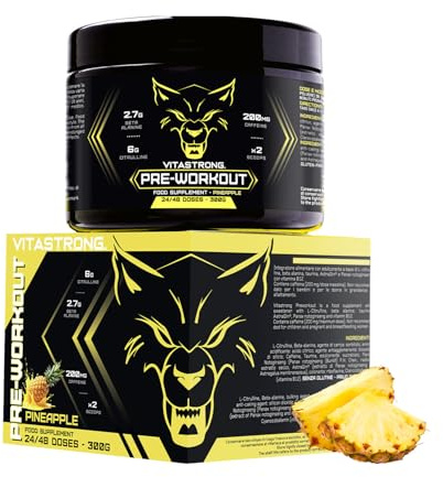 Pre Workout Potente 300g, Preworkout Vegan con Vitamina B12, L Citrullina, Beta Alanina, Caffeina, Taurina, AstraGin, Vitastrong Pre Workout Made in Italy (24 Porzioni (Confezione da 1), Ananas)