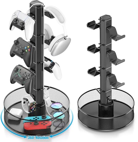 Kosker Support de Manette de Jeu Rotatif Avec Panier pour Bureau, Support Universel pour Casque et Manette pour Accessoires PS5/PS4/Xbox/Switch/PC, Organisateur pour Casque et Câbles, Noir