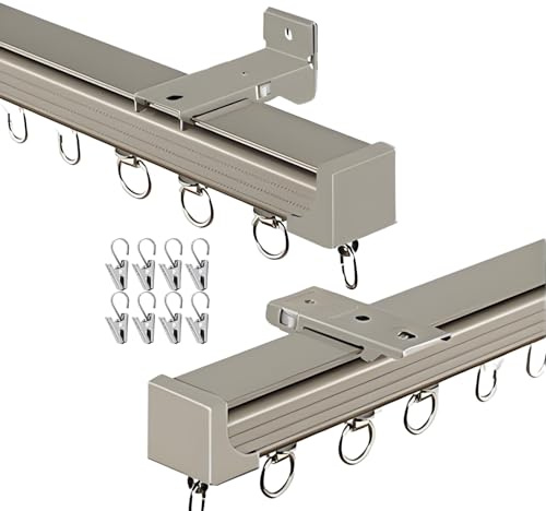 Generisch Aluminium Gardinenschiene 1-läufig Vorhangschienen Schlafzimmer Stummen Rollen Curtain Rod Vorhang Schiene Decken oder Wandmontage 50-600cm mit Clip(Champagne,155cm)