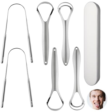 6 Pack Tongue Scraper, Stainless Steel Tongue Scrapers Reusable 2 Tongue Scraper with Dual Scraping Head Design 2 Wide-Head Tongue Cleaner 2 'U' Shape Fresh Breath Tongue Cleaners with Travel Case
