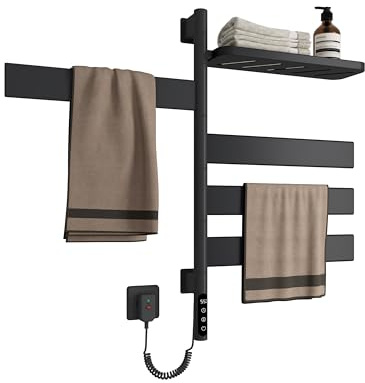 EMKE Portasalviette Riscaldato elettrico con Ripiano, Nero 120W | Scaldasalviette Intelligente WiFi,Scaldasalviette Elettrico da Bagno girevole a 180°