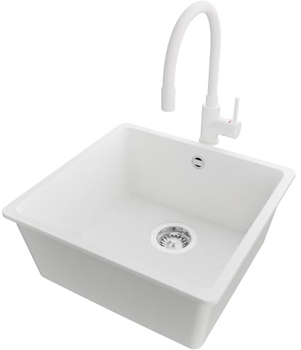 PRIMAGRAN Lavandino sottotop Bianco 46x44cm, Lavello in Granito a 1 vasca + Rubinetto 38x14cm + Sifone Classico, Lavabo da Cucina al mobile 50cm - Venezia Easy