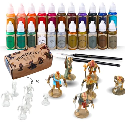 Juego de pintura acrílica en miniatura - 22 pinturas de base acuosa para principiantes, incluye pincel metálico para sombras en oro y plata, imprimación para aplicar con brocha, 6 figuras de Gnoll