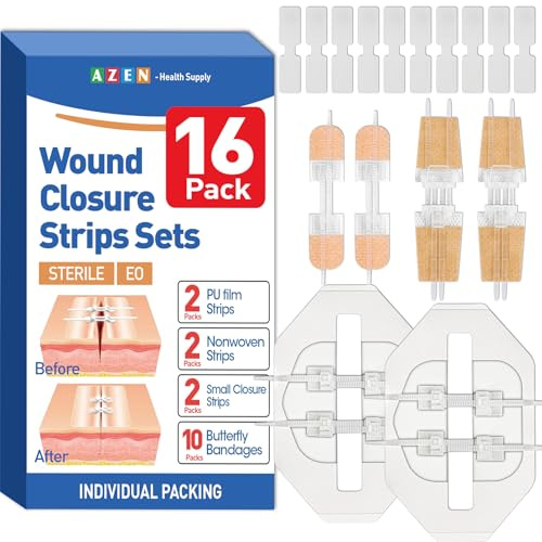 AZEN 16 Pack Wound Closure Strips, 4 Types Butterfly Bandages, Emergency Laceration Closure Kit, Repair Wounds Without Stitches, Quick Clot Zip Stitch Wound Closures Device