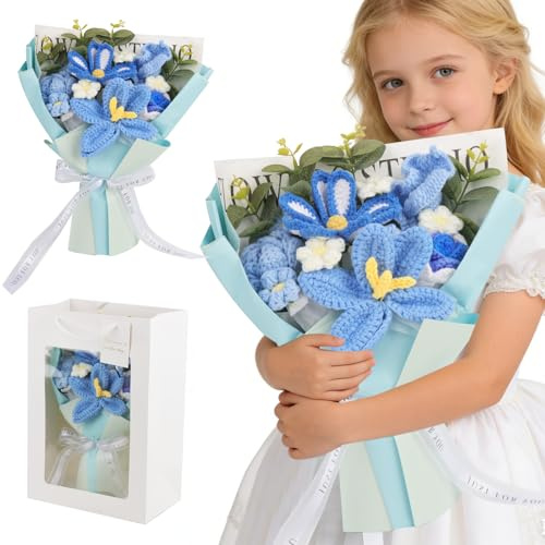 RNPKZ Crochet Flowers Bouquet, Rose Handmade Knitted Bouquet, Crochet Flower Bouquet with Gift Bag, Knitted Flower Bouquet, for Mother's Day, Valentine's Day, Graduation, Birthday,Anniversary (Blue)