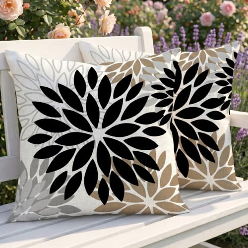 Luzzxfa 2er Set Outdoor Kissenbezug 40x40 cm Wetterfest Dahlien Dekokissen Zweiseitiges Muster Schwarz Blumen Sofakissen Modern Kissen Leinen Kissenbezüge Dekorative für Sofa Garten Balkon Camping