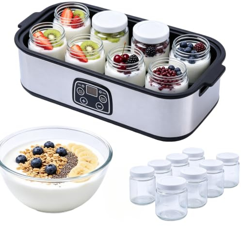 Yoghurt Maker Machine with 8 Glass Jars, 0‑48H Timer, Auto Shut‑Off | 1400ml Stainless Steel Greek Yogurt Maker, Electric Yogurt Machine for DIY Homemade Yogurt, Kefir, Probiotic Ferments