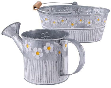 FUOYLOO Antique Iron Bucket Vintage Flower Pot with Flower Pattern Silver