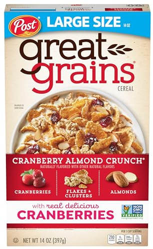Great Grains Cranberry Almond Crunch Breakfast Cereal for Adults, Dried Cranberries and Almonds, Made with Whole Grain, Non-GMO, Heart Healthy, 14 OZ Box