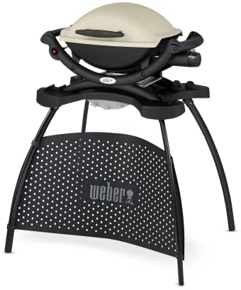 Weber Q1000 Gasgrill mit Stand, 43 x 32cm Grillfäche, portabler BBQ Grill, 1 Brenner, 2-geteilter porzellanemaillierter Guss-Grillrost, Aluminiumguss Deckel & Gehäuse - Titanium (50060379)