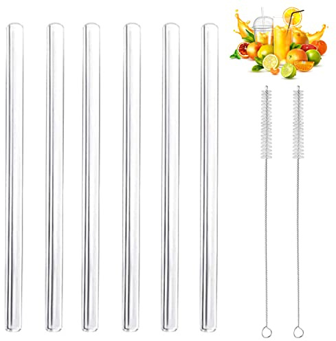 Wiederverwendbar Trinkhalm - 6 Stück kurz gerade 15 cm + 2 Reinigungsbürste - Spülmaschinenfest - Nachhaltig - Glastrinkhalme Glasstrohalme für Tumbler Cocktailgläser