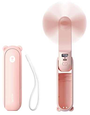 JISULIFE Handheld Mini Fan, 3 IN 1 USB Rechargeable Portable Fan [12-19 Working Hours] with Power Bank, Flashlight, Pocket Design for Travel/Summer/Concerts/Lash, Gifts for Women (Pink)