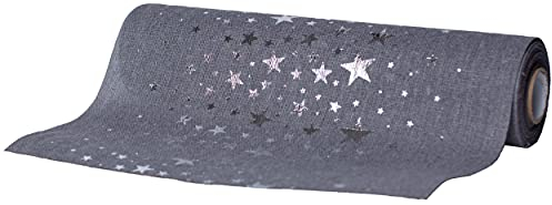 100%Mosel Tischläufer Leinenoptik Grau, Sterne in Silber, (28 cm x 5 m), Tischband, edle Tischdeko für Weihnachten & Adventszeit, Festliche Dekoration zu besonderen Anlässen