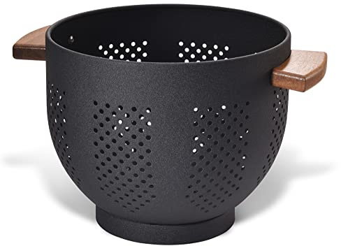 Metal Colander with Wood Handle and Stable Base, Powder Coated Steel Kitchen Strainer Basket for Draining Pasta, Vegetable and fruit(5.5quart,Matte Black)