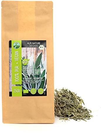 Alpi Nature Salvia Infusión Orgánica 250g, Hojas Secas y Cortadas para Preparar Té de Salvia Blanca