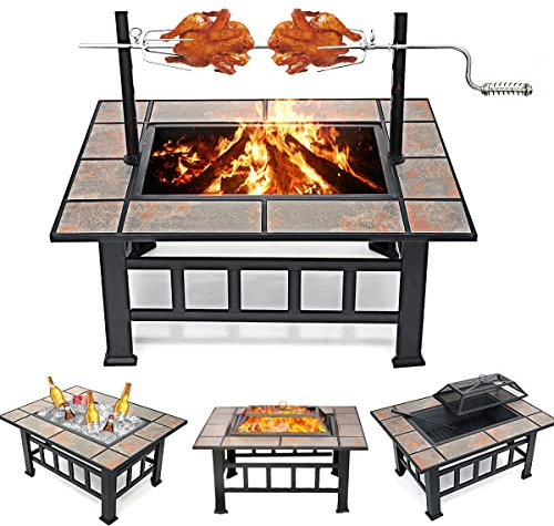 SINGLYFIRE Brasero de 94 cm avec grille pour l'extérieur - Grand foyer carré à bois - En acier robuste - Avec écran d'allumage - Grille de bûches - Pour jardin, camping