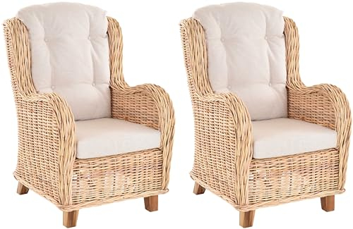 Krines Home Set/2 Exklusiver Lesesessel Birmingham bequem Rattansessel Rattanmöbel Set Sessel aus Rattan (Natur Hell)