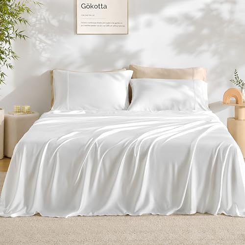 GOKOTTA King Size Bed Sheets 4 Piece Set, Super Soft Bamboo Sheets, Cooling for Hot Sleepers - Hotel Luxury Silky Breathable Sheets, Deep Pocket Up to 16 - Durable Double Stitched (Bright White)