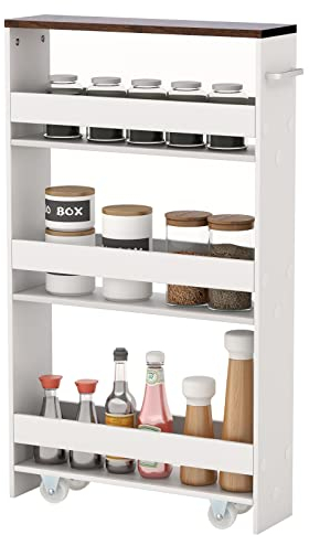 GIANTEX Nischenregal 13cm breit, Küchenregal Küchenschrank Küchenwagen, Nischenschrank Nischenwagen auf Rollen, Badregal Rollwagen Holz 4 Etagen, Schmales Regal für Küche, 47,5 x 13 x 80,5 cm