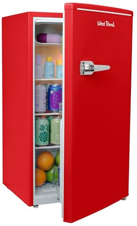 West Bend Mini Fridge for Bedroom, Office, Bar or College Dorm Room, Retro Compact Refrigerator features single door, removable glass shelves and adjustable temperature control, 3.0-Cu.Ft., Red