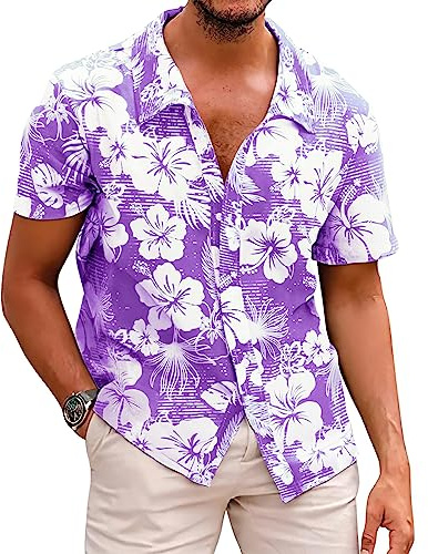 Men's Novelty Hawaiian Floral Shirt Summer Casual Button Down Tropical Holiday Beach Shirts Light Purple