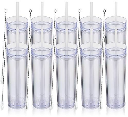 Volhoply 480ml Kunststoff Skinny Becher Mit Deckel und Strohhalm Bulk 10 Pack, Isolierte Doppelte Wand Bpa Frei Matte Acryl Becher, Eiskaffee Reise e Party Cup, Diy Geschenke(Klar,10 Set)