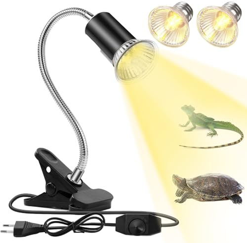mizikuu Lampada riscaldante per rettili,Lampada Tartarughe Acqua 2 X Lampada 50W UVA +UVB Lampada Alogena Calore Retroilluminazione Girevole a 360° Lampada Rettile e Anfibio per Rettile, Anfibi
