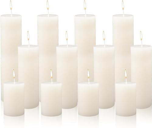 12 Pieces Ivory Pillar Candles, Dripless Unscented Candles, Paraffin Wax Tall Candle for Halloween, Spa, Holiday, Birthday, Home, Bath, Reception Decor, 2'' x 3'', 2'' x 6'', 2'' x 8''