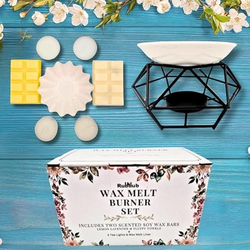 Tealight Burner Set - Includes 4 Tealight Candles - Lemon Lavender - Fluffy Towels Snap Bars - Reusable Wax Melt Liner - Essential Oil Burner Wax Melt Burner Diffuser