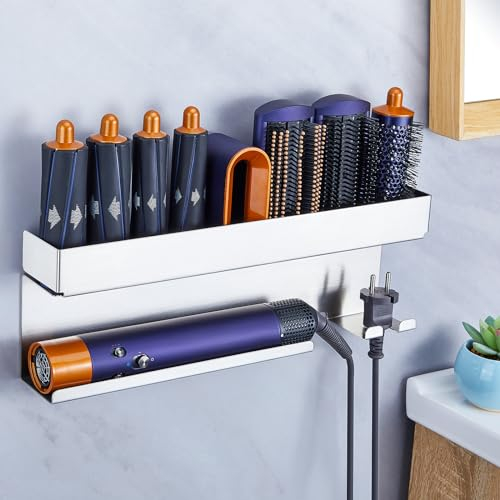 WAYASI Föhnhalter Wand Ohne Bohren, Föhn und Glätteisen Halterung Für Styler Lockenstab Zubehör, Fönhalterung Wandhalterung, Selbstklebend Haartrocknerhalter Organizer Bad (Silber)