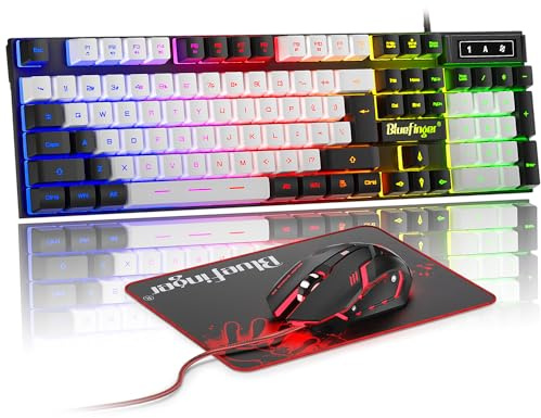 BlueFinger Tastiera da gioco RGB e mouse retroilluminato, con cavo USB, set da gioco a LED per laptop, PC, giochi e lavoro (nero e bianco)