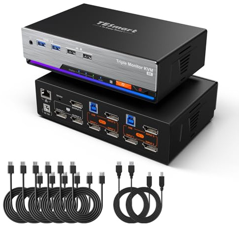 TESmart 8K@60Hz DisplayPort KVM Switch 3 Monitore 2 Computer, DP 1.4 USB 3.0 EDID KVM-Switch Triple Monitor 2 PC, 1G Ethernet, Custom Hotkey Umschaltung 4K@144Hz 2K@144Hz Ideal für Gaming & Homeoffice
