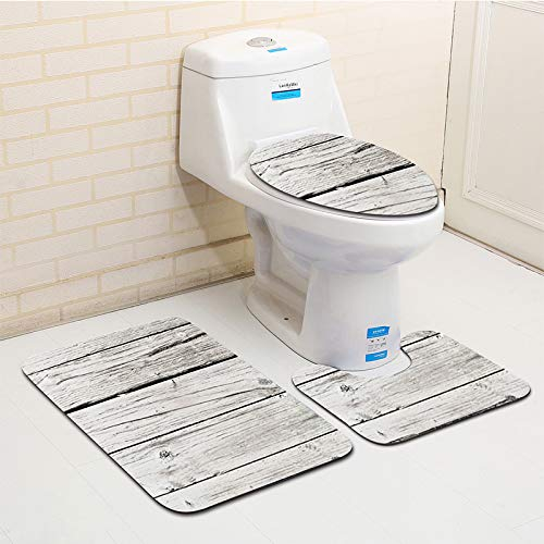 Bad Teppiche Set 3-Teiliges Hellgraues Holz WC Vorleger Mit Ausschnitt Badematte Saugfähig WC Deckelbezug Badvorleger rutschfest Waschbar Toilettensitzbezug Badgarnitur (50x80cm)