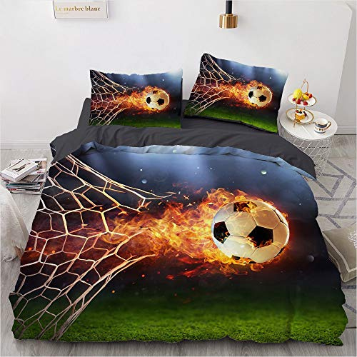 YASMENG Housse de Couette Football 200x200 Garçons Flamme 3D Parure de Lit Football Doux Linge de Lit Football pour Adolescents Enfants Cadeaux avec Fermeture Éclair et Taies d'oreiller 65x65 cm