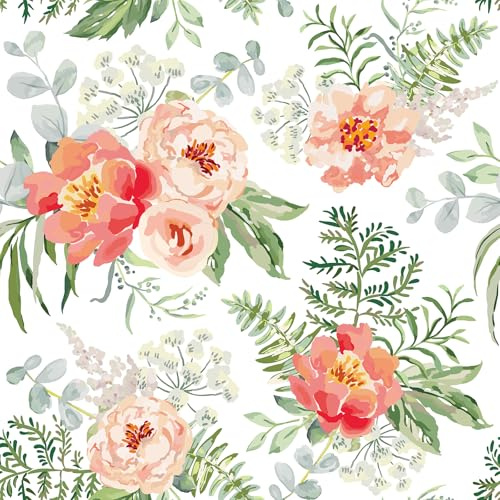 VEELIKE Carta da Parati Floreale Rosa Pesca Carta Adesiva Fiori Peonie Foglie Felce Acquerello 44,5cm x 300cm Carta Adesiva per Mobili Fantasia Camera da Letto Bagno Affittuario Amichevole Rimovibile