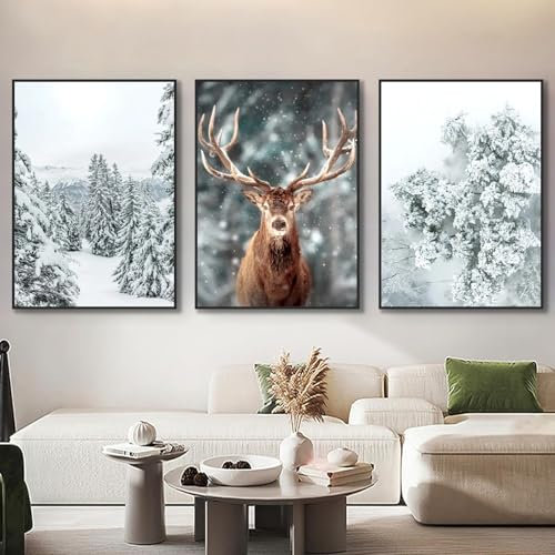 champracer 3er Poster Set, Premium Wandbilder Winter Bilder, Elch, Holzhaus, Wald Wandkunst Wandbilder Modern Wanddeko für Weihnachten Deko Ohne Rahmen (21x30 cm)