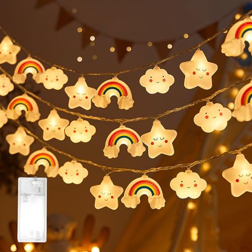 cailiya Cadena de Luces con Forma de Arco Iris,Guirnalda Luces Interior,Estrella Arcoíris Patrón, 3 Metros,20 LED,Luces Decorativas Habitacion (Blanco cálido (estrellas + nubes + arco iris))