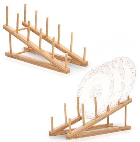 Kssvzz 2 Pack Wooden Plate Rack, Dish Drying Rack Plate Tray Stand, Pot Lid Holder Kitchen Cabinet Storage Rack for Plate, Cutting Board, Bowl