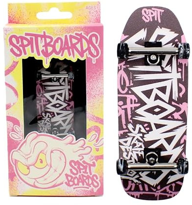 SPITBOARDS 34mm Fingerboard Oldschool Cruiser Pro Complete Setup, Pre-Assembled 5-Layer Wood, Pro Trucks, Soft Urethane 60D Bearing Wheels, Real-Wear Graphics, Lasered Foam Tape 'Graffiti Logo'