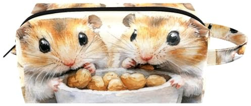 Reise-Kulturbeutel, Kosmetiktasche für Damen, Mikrofaser-Leder, Make-up-Tasche, Organizer mit Reißverschluss, Hamster und Nüsse in Schüssel, multi, 8.2x3.1x3.5 in/21x8x9 cm, Kulturbeutel