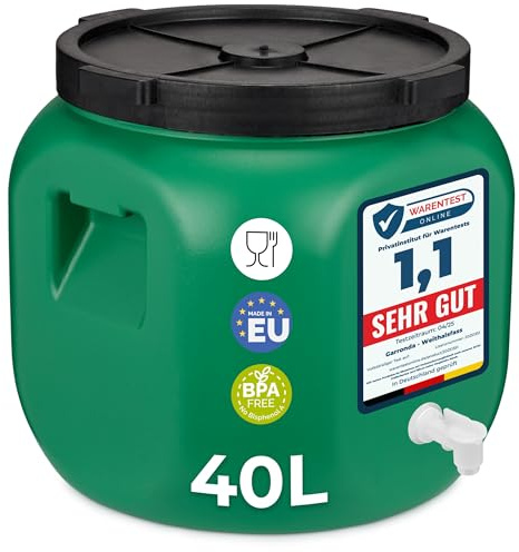 Garronda Barril HDPE sin BPA con grifo 40 L GD-0142, Verde | De boca ancha para agua, alimentos y almacenamiento doméstico